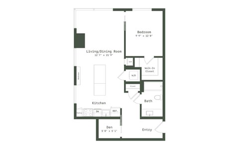 Floor plan for 1 bed, 1 bath, 805 sqft